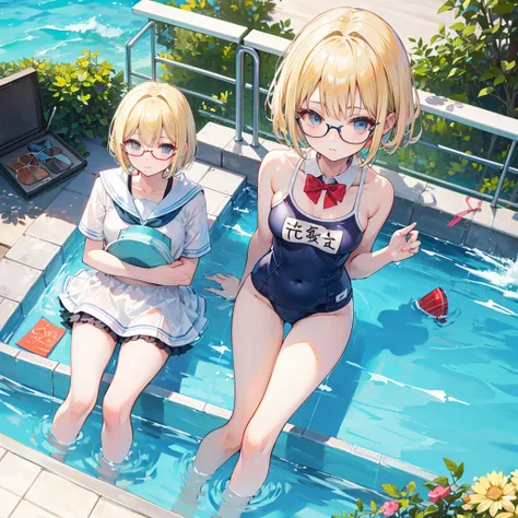 high quality，School Swimsuit，Short Bob，Blonde，Glasses，Pool