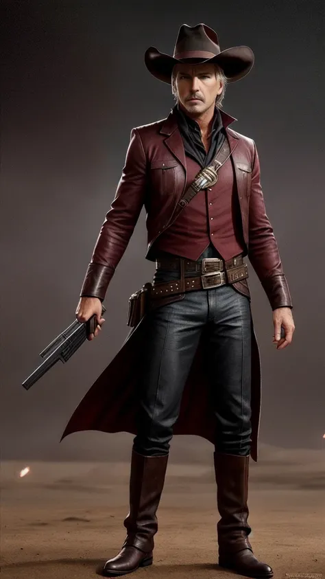 (Kevin Costner) as Erron Black from Mortal Kombat, maroon cowboy outfit, cowboy hat, 2 revolvers, 1man, solo, full body view, front view, looking at viewer, intricate, high detail, sharp focus, dramatic, photorealistic painting art by greg rutkowski