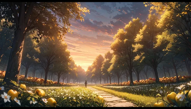 anime aestetics, dusk, tall grass, apple trees garden, a lot of trees, red and yellow apples on trees, dim light, calm and peaceful atmosphere, beauty of nature, little white flowers in the grass, smoke and light far at the background, few stars at the sky...