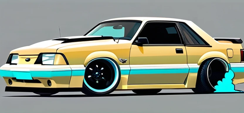 Beige and turquoise 1993 ford mustang, 2 door, pop art, cartoonish style,detailed, illustration, slammed to the ground, large black staggered wheels, wide body, masterpiece, highly detailed ((([simple grey background])))
