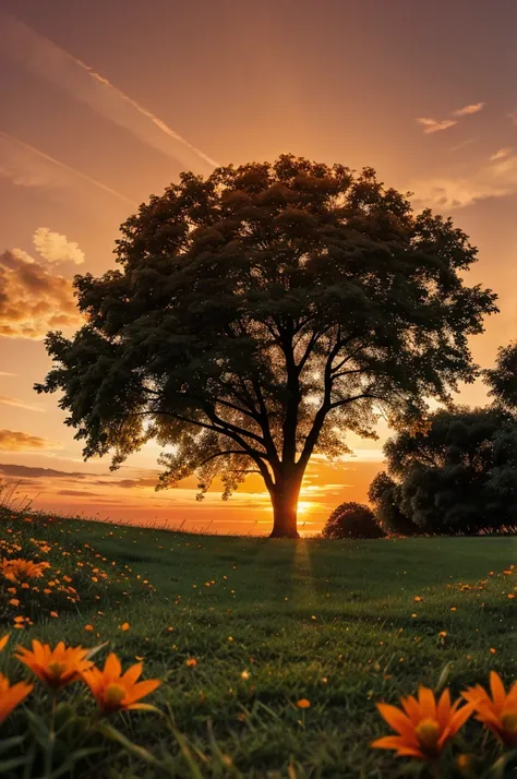 (grass ground) (trees) (flowers) (orange sky) (bokeh blur)