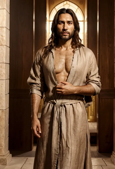 A beautiful ultra-thin realistic portrait of Jesus, the prophet, a man 42 years old Hebrew brunette, short brown hair, long brown beard, in a temple, wearing long linen tunic closed on the chest part, in front view, full body, biblical, realistic,by Diego ...