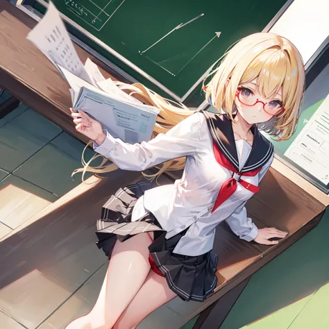 high quality，uniform，hort Bob，Glasses，Blonde，Red panties are visible from under the skirt，classroom