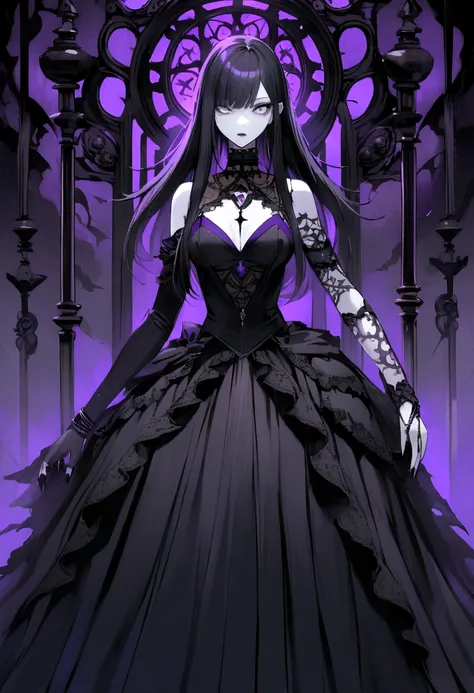 beautiful and mysterious goth girl with long black hair, grey eyes, black shirt, black long skirt, purple right cursed arm, white skin