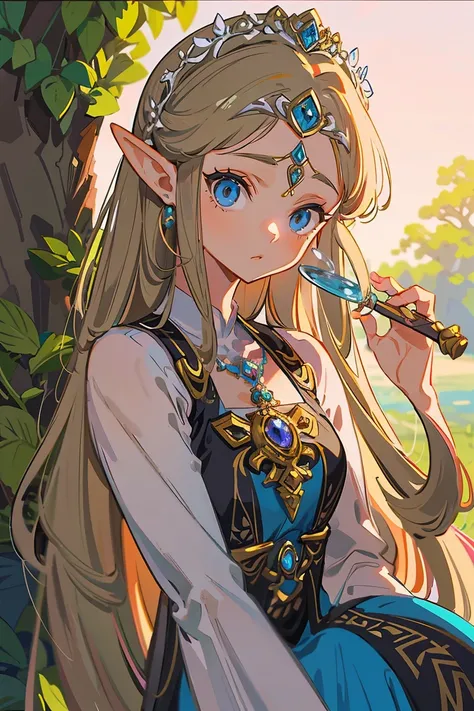 a beautiful princess zelda, detailed intricate dress, detailed face, detailed eyes, detailed lips, long flowing hair, serene expression