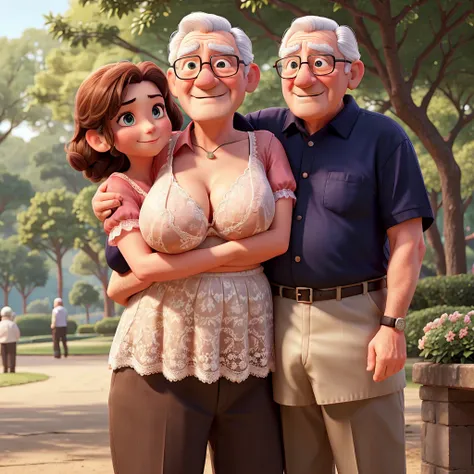 Grandfather and his 20 year old granddaughter with huge breasts in provocative lace bra hugging their grandfather in the park 