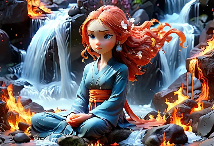 a picture of a (female monk: 1.2) sitting and meditating near a waterfall, at the base of the waterfall,  there is a human woman monk wearing monk garbs, meditating near a bonfire near an (epic sized waterfall: 1.3), red hair, long hair, full body (best de...