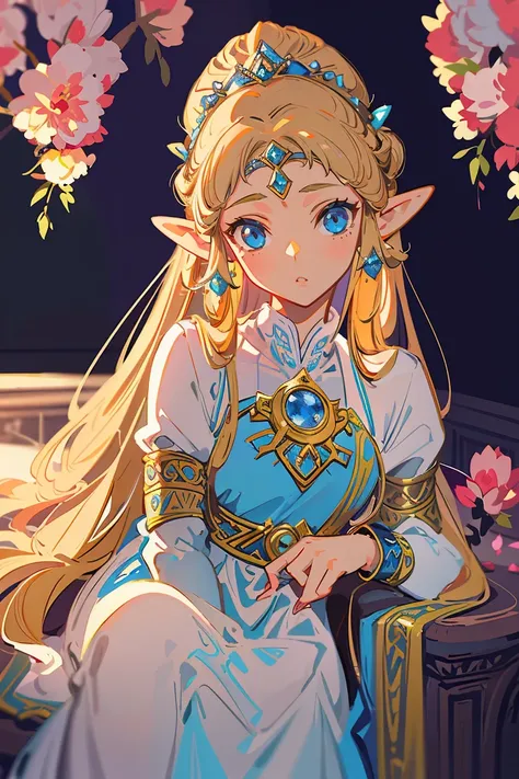 a beautiful princess zelda, detailed intricate dress, detailed face, detailed eyes, detailed lips, long flowing hair, serene exp...