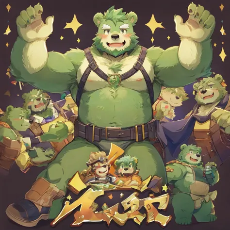 anthro, kemono, male,  (((green bear))), (((green fur))), green hair, beard, white eyebrows, sexy, blush, wink, simple background, victory hand poses,