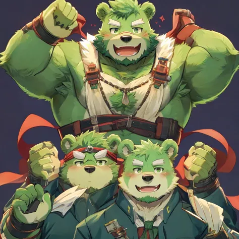 anthro, kemono, male,  (((green bear))), (((green fur))), green hair, beard, white eyebrows, sexy, blush, wink, simple background, victory hand poses,