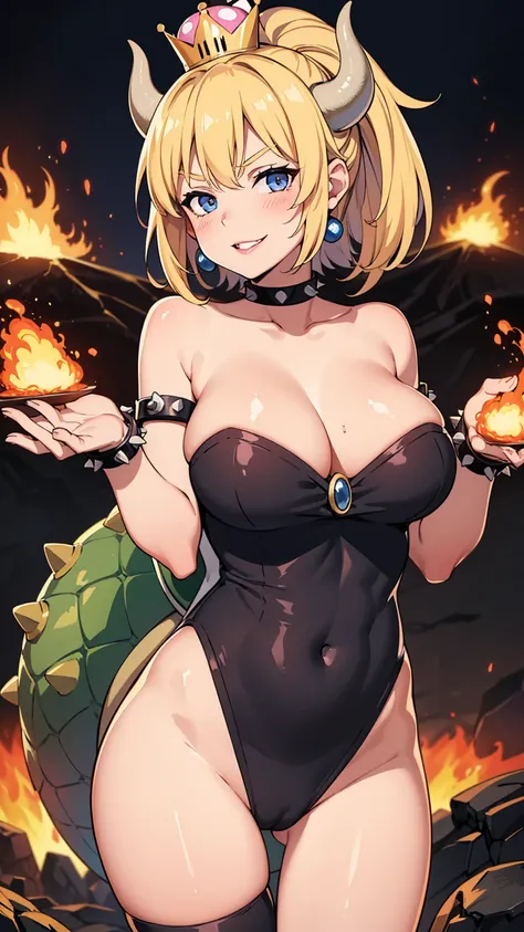 best quality, high resolution, large breasts, blonde hair, blush, Evil smile, cowboy shot, looking at viewer, bowsette, pink lip, in a volcano with lava, sexy shoulders, (((shoulders Focus)))