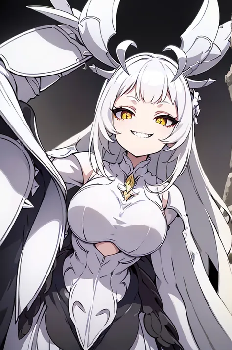 (masterpiece), best quality, expressive eyes, perfect face, a white bug girl, two antennae, short white spiky hair, blunt hair, ((dark black sclera)), yellow eyes, smiling, sharp teeth, ((white color flesh skin tone)), armor bra, ((organic armor clothes)),...