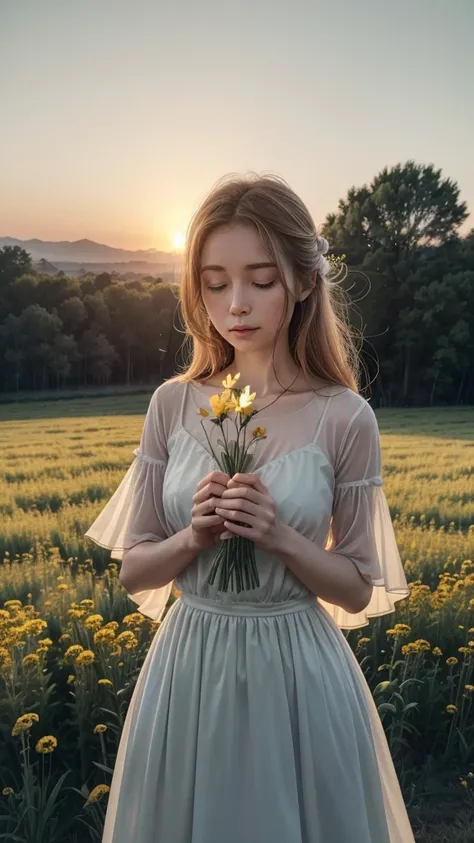 Create a visually stunning image that captures the essence of the phrase "Gratitude turns what we have into enough. Appreciate the little things and live with a grateful heart."scenario: A serene field at dawn, with a light fog and the sun rising over the ...