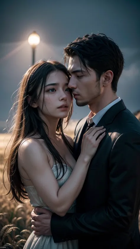 Photorealistic production of a man and woman hugging and kissing, Epic romantic scene, Ethereal field in the background of the night, ambient lighting, film still, Cinematic filming and lighting, realistic colors, Intricate facial detail, Intricate hand de...