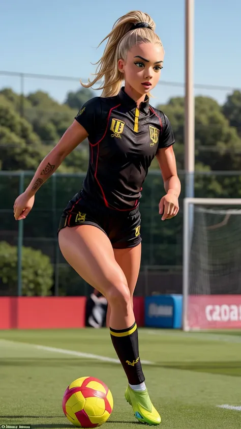 Alisha Lehmann sexy, she is playing football, wearing black uniform, she is volleying the ball