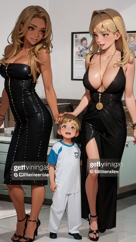 two sexy women looking down at 4 years old boy with blonde hair and shorts, women touch boys head, women have flirtatious smiles, women have various hair colors