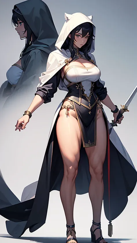 (masterpiece, 4K ,Super detailed:1.2), Strong women, Wearing a hood, tall, Female Swordsman, Full body side view, View Viewer, Pure white background