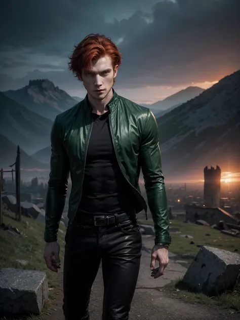 a very handsome attractive slender vampire hunter man, short reddish orange hair, green eyes, muscular torso, black jacket, green shirt, tight black pants, in the background a ruined city and on top of a mountain a dark castle