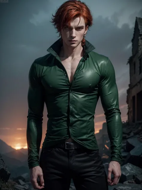 a very handsome attractive slender vampire hunter man, short reddish orange hair, green eyes, muscular torso, black jacket, green shirt, tight black pants, in the background a ruined city and on top of a mountain a dark castle