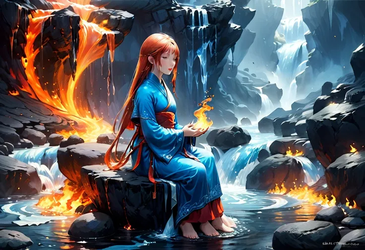 a picture of a (female monk: 1.2) sitting and meditating near a waterfall, at the base of the waterfall,  there is a human woman monk wearing monk garbs, meditating near a bonfire near an (epic sized waterfall: 1.3), red hair, long hair, full body (best de...