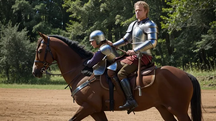 Christopher Egan as a handsome medieval knight in armor, without a helmet, on a horse, during a tournament