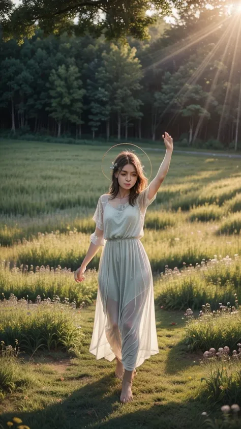 Create a visually stunning image that captures the essence of the phrase "Gratitude turns what we have into enough. Appreciate the little things and live with a grateful heart."scenario: A serene field at dawn, with a light fog and the sun rising over the ...