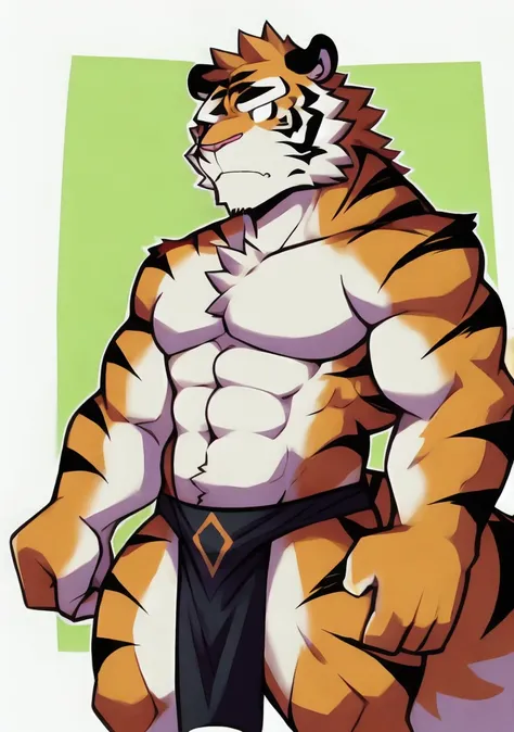 tiger，serious，the strong，Plush body，Fluffy tail（best quality）（Black scar），Black loincloth，（Topless）