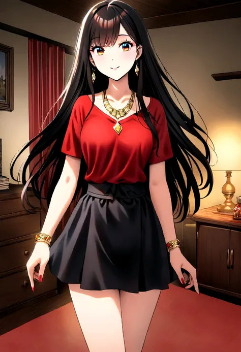 Generate an image of a beautiful girl wearing black skirt and red top, beautiful eyes, long hair till waist, red high hills, smiley face, necklace of dimond, bracelet of gold, skirt is smal, and waist is visible, red underwear is also clearly visible, blac...