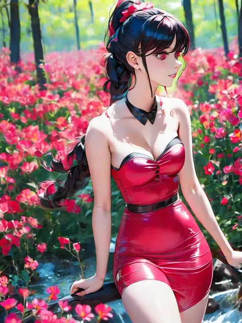 A girl in bold cherry colour dress with dark bold character no one dares to look into her eyes