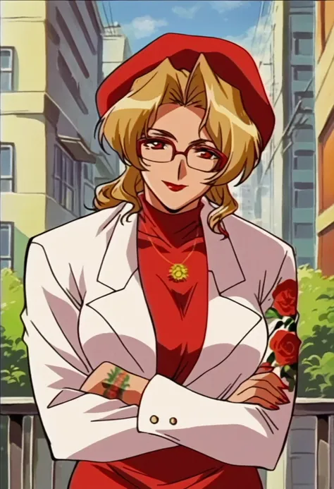 beautyful mature woman, Shion Karanomori based, blonde wavy hair, encorped body, red glasses, red lipstick, red low-cut dress, whole body roses tattoos, white jacket,in city, morning, milf, smile, red eyes, red big hat, crossed arms, golden large necklaces