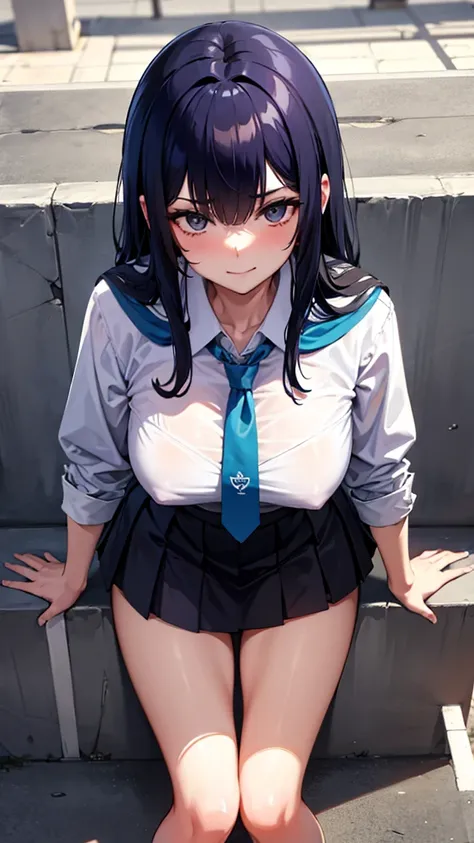 Pov Lydia, a 6 foot tall female student with long black hair and a  with a very short skirt, te empuja al suelo en el patio de la school, since you are a nerd. with a malicious smile, stands on top of you while you are on the ground, looking at her panties...