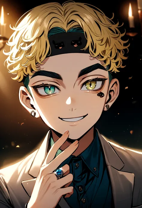  chico pet matsuno, tokyo revengers, blonde hair color on the bottom with an undercut, turquoise eye color (blue green) a ring in the left ear (miarada tranquila) (slight but beautiful smile) (Perfect picture)