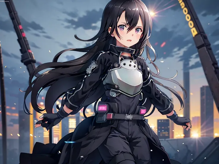 1 girl, cowboy shot, beautiful kirito_gmos, long hair, black hair, black eyes, on open air, kirito_suit, night,city , volumetric...