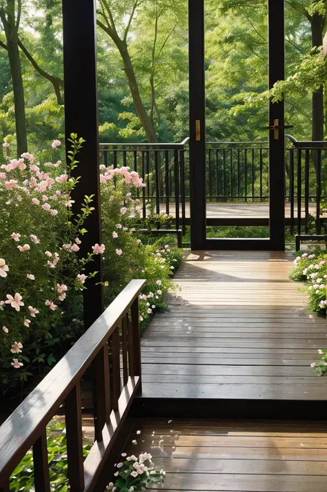 ( floor) (trees) (flowers railing )  ( bokeh blur ) Digital Background 