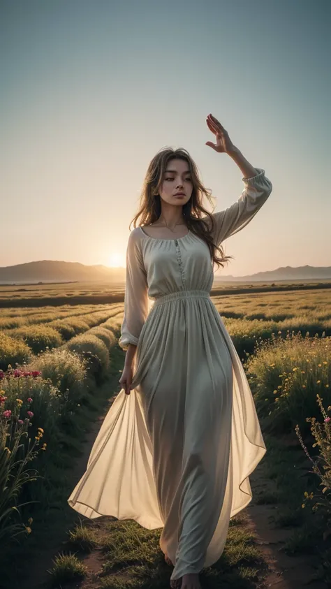 a woman standing in a serene field at dawn, bathed in soft golden light, with arms outstretched in a gesture of gratitude, surrounded by delicate wildflowers, butterflies, and birds, with the text "Gratitude transforms what we have into enough. Appreciate ...