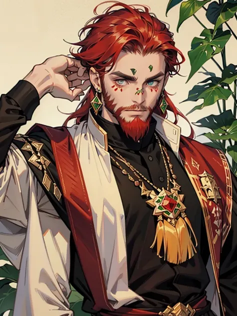 Sole male, Mountain Dwarf, Druid, Red beard, Emerald eyes, Bone earrings and piercings, black markings on face