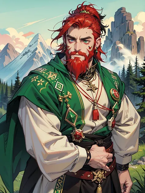 Sole male, Mountain Dwarf, Druid, Red beard, Emerald eyes, Bone earrings and piercings, black markings on face