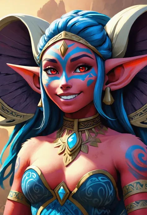 Create an illustrated, hand-drawn, full-color masterpiece with warm lighting and shadows. Incorporate graphite shading, stencil marks, and airbrushed acrylic paint in the style of "Breath of the Wild." The image should feature a beautiful goblin woman with...