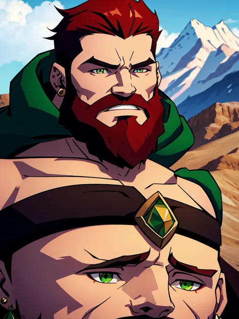 Sole male, Mountain Dwarf, Druid, Red beard, Emerald eyes, Bone earrings and piercings, black markings on face