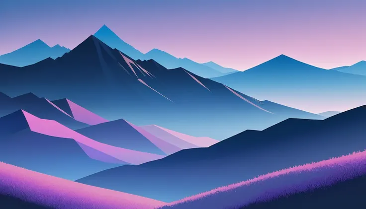 /I Imagine a minimalist landscape of geometric mountains, with layered shades of blue creating a tranquil, dusk-like atmosphere. A single, bold line defines the horizon, under a gradient sky transitioning from deep navy to soft lilac. hd, stunning, --ar 9:...