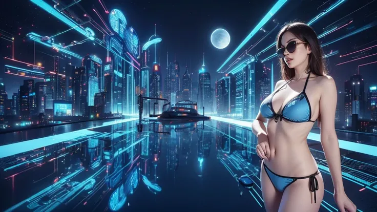 (((a medium-breast bikini slim GIRL with black micro sunglasses))), a balcony of a futuristic building, aerial view of an ultra-futuristic megalopolis, many metal buildings and houses in dark colors from dark blue to black, a cidade tem tons de cinza metal...