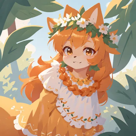 furry, orange fur, orange hair, white details on fur, wearing mexican dress, wearing laurel wreath, 90s anime style