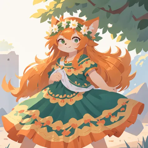 furry, orange fur, orange hair, white details on fur, wearing mexican dress, wearing laurel wreath, 90s anime style