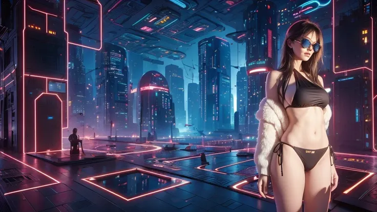 (((a medium-breast bikini slim GIRL with black micro sunglasses))), a balcony of a futuristic building, aerial view of an ultra-futuristic megalopolis, many metal buildings and houses in dark colors from dark blue to black, a cidade tem tons de cinza metal...