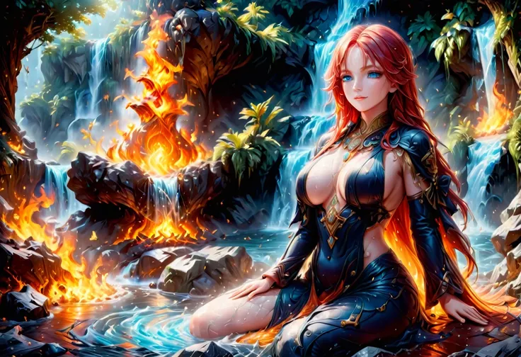 a picture of a (female monk: 1.2) sitting and meditating near a waterfall, at the base of the waterfall,  there is a human woman monk wearing monk garbs, meditating near a bonfire near an (epic sized waterfall: 1.3), red hair, long hair, full body (best de...