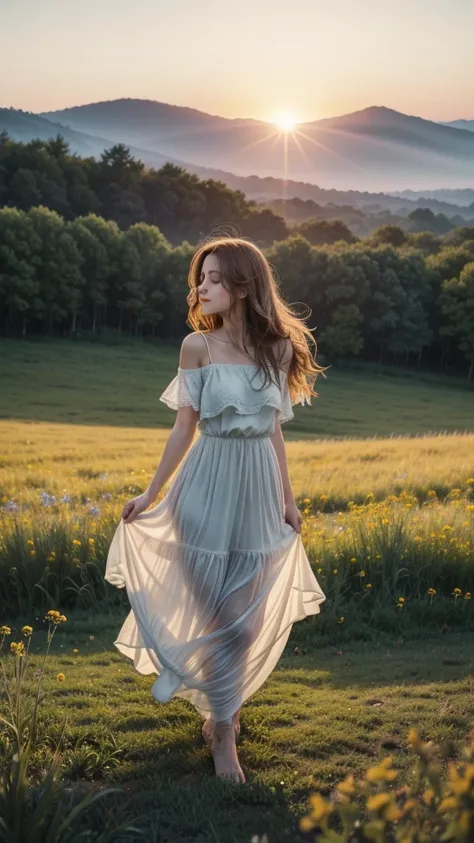 Create a visually stunning image that captures the essence of the phrase "Gratitude turns what we have into enough. Appreciate the little things and live with a grateful heart."scenario: A serene field at dawn, with a light fog and the sun rising over the ...