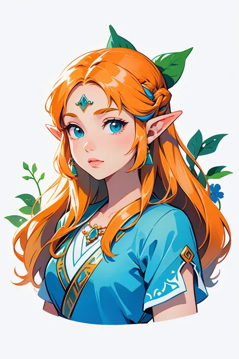 yxycolor，girl ，Beautiful and delicate princess zelda，Simple drawing、green，blue，orange color，illustration，green plants，A small number of flowers，clean background
