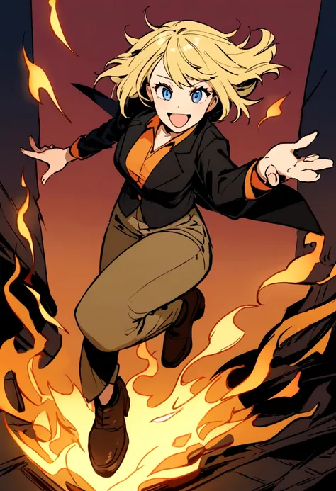 badass girl with long short blonde hair, blue eyes, orange shirt, black blazer, dark yellow pants, brown shoes, happy, with flames