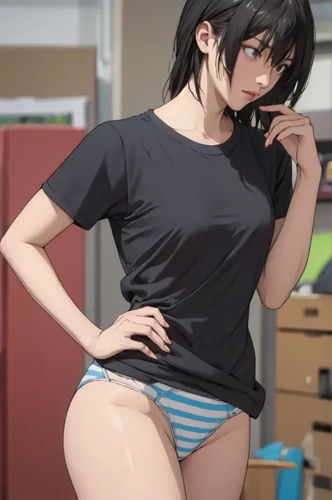 ((masterpiece, best quality)),((highres:1.2)), 1 Girl, solo, Blurred Background, (((Small breasts))), Thighs, (Stripe underwear), T-Shirts,