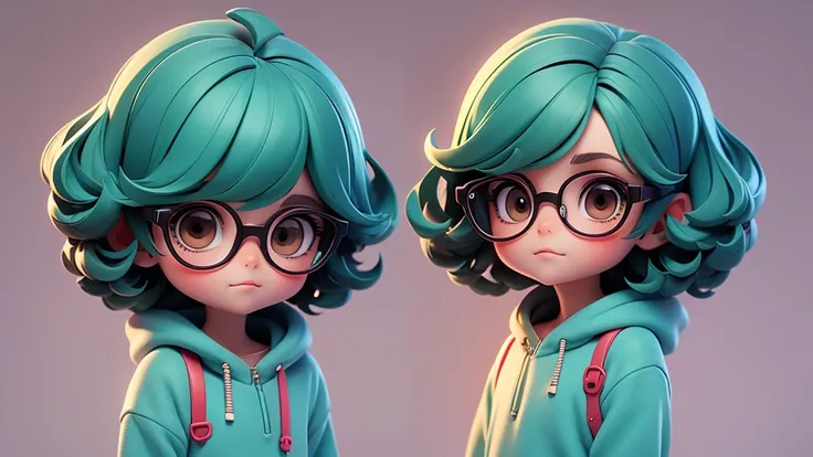 Girl chibi with light blue pullover, dark brown eyes, black glasses, apple green hair, short texture crop style hair.